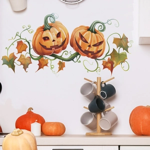 Halloween pumpkin lantern wall decals with maple leaves for home living room decoration