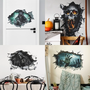 Halloween 3D Broken Wall Sticker Horror Grim Reaper Flaming Skull Zombie Hand PVC Self Adhesive Decal For Party Decor