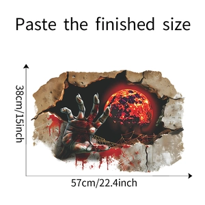 3D Halloween wall sticker showing zombie hand and dimensions 57cm by 38cm in detail