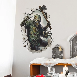 Detailed 3D wall sticker showing a scary zombie with an axe breaking through a wall