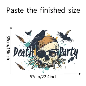 Detailed view of Halloween Death Party wall sticker showing skull and raven 57x38cm dimensions