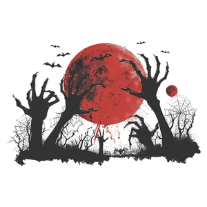 Sticker mural d'Halloween avec lune rouge, mains de zombie et chauves-souris décoratives