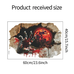 Detailed size chart for 3D Halloween wall decal featuring zombie hand and blood moon