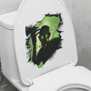 Detail of 3D Halloween toilet lid sticker with glowing green zombie breaking through