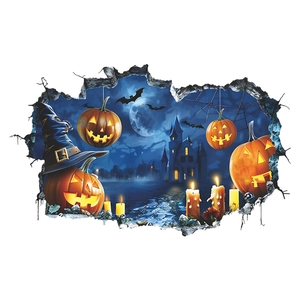 3D Halloween wall sticker with pumpkin castle and broken wall visual effect decor