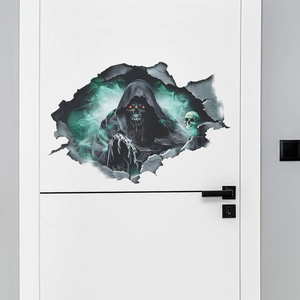 3D wall sticker detail of Grim Reaper with red eyes bursting through a white door