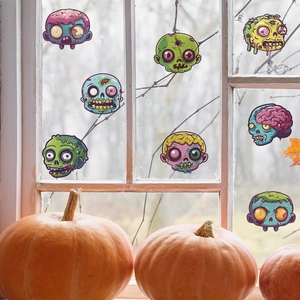 Halloween decorative window decals featuring 8 colorful cartoon zombie heads and pumpkins