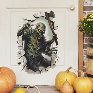 3D Halloween wall decal featuring a scary zombie with an axe breaking through a wall