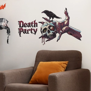 Gothic Halloween wall decal featuring zombie hand holding skull and crow for home decor