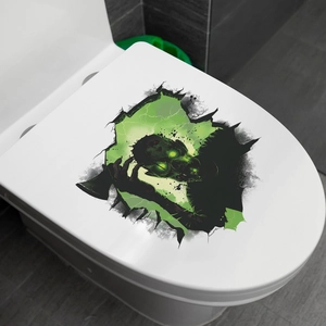 3D Halloween horror monster toilet sticker with glowing green eyes and lightning effect