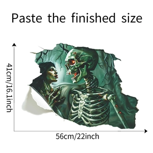Detailed 3D broken wall decal showing dimensions 56x41cm with spooky skeleton motif