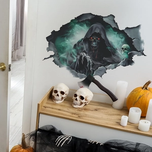 3D Halloween wall sticker featuring a grim reaper with red eyes breaking through a wall
