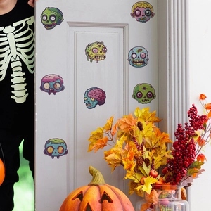 Halloween zombie wall decals with eight colorful cartoon designs on a gray wooden door