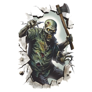 3D Halloween wall sticker featuring a realistic zombie with an axe breaking through a wall