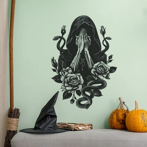 Gothic wall sticker detail with hooded skull, snakes and roses for Halloween home decor