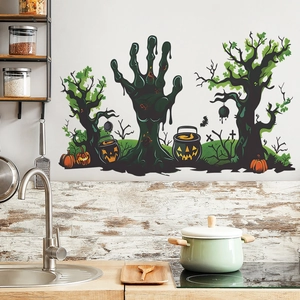 Stickers muraux d'Halloween avec mains de zombies et citrouilles pour décor de maison