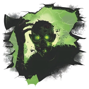 Creepy Halloween wall sticker featuring a glowing zombie with an axe breaking through a wall