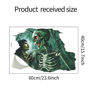 3D Halloween wall sticker showing spooky skeleton with red eyes and 60x40cm size specs