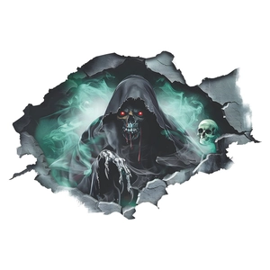 3D visual effect wall sticker featuring a grim reaper with red eyes and green smoke detail