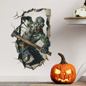 3D Halloween wall sticker featuring a scary zombie with an axe breaking through white wall