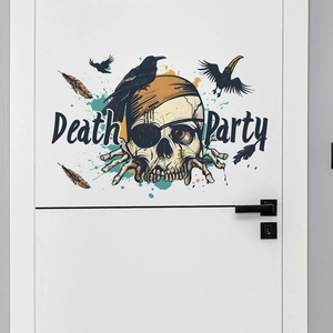 Detail of Death Party skull and raven wall decal on a white door for Halloween decor