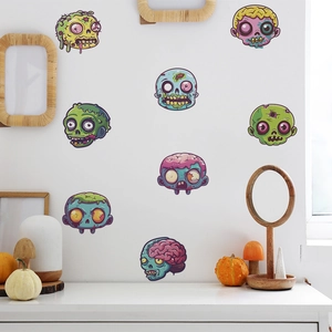 Colorful Halloween cartoon skull and zombie wall decals for creative home room decoration