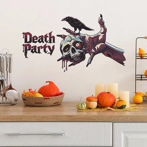 Kitchen scene with Halloween wall stickers featuring skull, crow and Death Party text