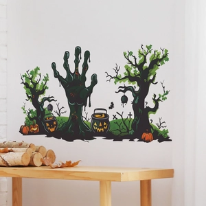Stickers muraux Halloween avec main verte, citrouilles et arbres pour déco intérieure