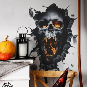 3D Halloween skeleton wall sticker with flaming eyes breaking through the wall