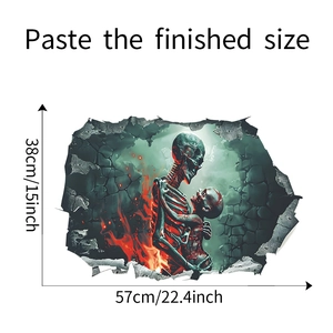 Self-adhesive 3D Halloween wall sticker showing skull embrace with 57x38cm size details