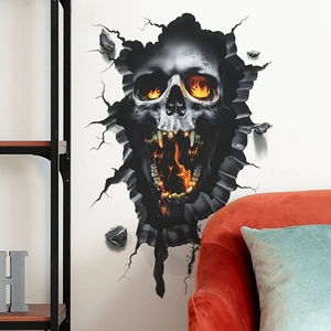 3D Halloween wall decal featuring a flaming skull breaking through a white brick wall