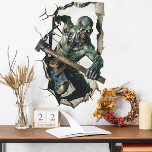 Macro detail of 3D Halloween wall sticker showing a zombie with axe through cracked wall