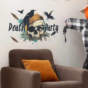 Halloween wall sticker with pirate skull, crows and Death Party text for home decor
