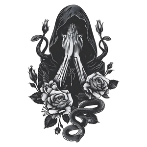 Gothic wall sticker featuring a praying skeleton with roses and snakes in black and white