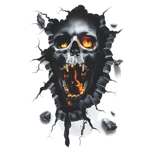 3D realistic wall sticker showing a skull with orange flames breaking through a wall gap