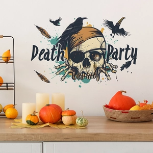 Halloween wall sticker with pirate skull and raven on a white wall in home setting