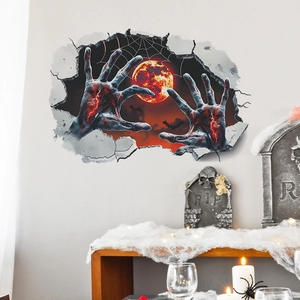 3D Halloween wall decal showing zombie hands and blood moon on broken wall texture