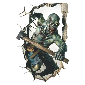Macro detail of 3D cracked wall effect showing a zombie with ax Halloween sticker