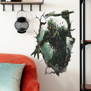 Detailed 3D wall decal of a zombie breaking through a wall with a sharp axe