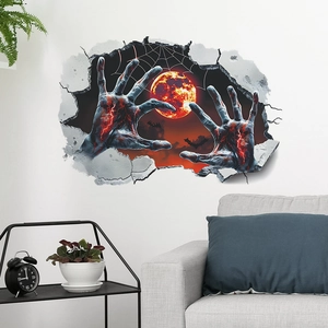 3D Halloween wall decal featuring zombie hands breaking wall towards blood moon and bats