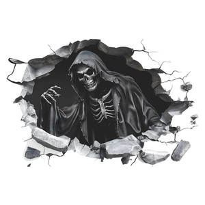 3D wall sticker detail showing a hooded skeleton breaking through a cracked wall effect