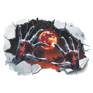 Macro detail of 3D Halloween wall decal featuring skeletal hands and a bloody moon