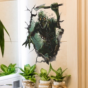 3D Halloween wall sticker featuring a scary green zombie breaking through a tile wall
