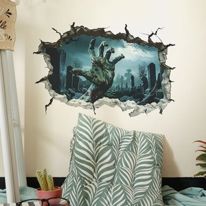 3D Halloween wall sticker showing a zombie hand emerging from a cracked graveyard wall