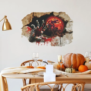 Detailed 3D wall decal of zombie hands and blood moon for Halloween dining decor
