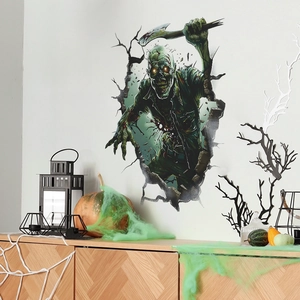 3D Halloween wall decal featuring a zombie with an axe emerging from a cracked white wall