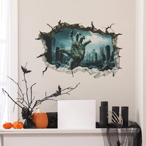 Detailed 3D Halloween wall sticker showing zombie hands emerging from a broken wall