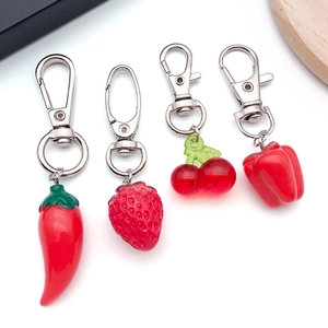 Set of 4 realistic fruit vegetable keychains with silver metal lobster clasps