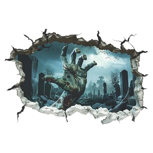 3D Halloween wall sticker featuring a zombie hand breaking through wall over graveyard