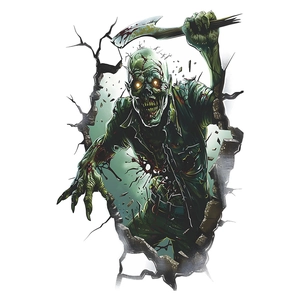 Macro detail of a 3D zombie breaking through wall with bloodied axe Halloween sticker